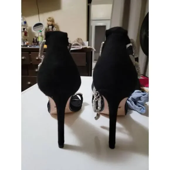 Gianni Bini Black Rhinestone Chain Ankle Strap Open Toe Dress Heels 9M - Picture 2 of 6